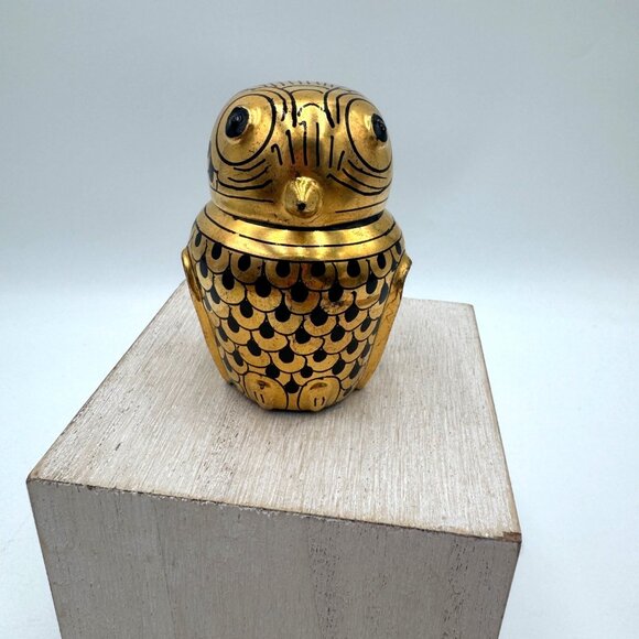 Vintage Hand Painted Burmese Gold & Black Lacquerware Owl Trinket Boxes delicate - Picture 1 of 12